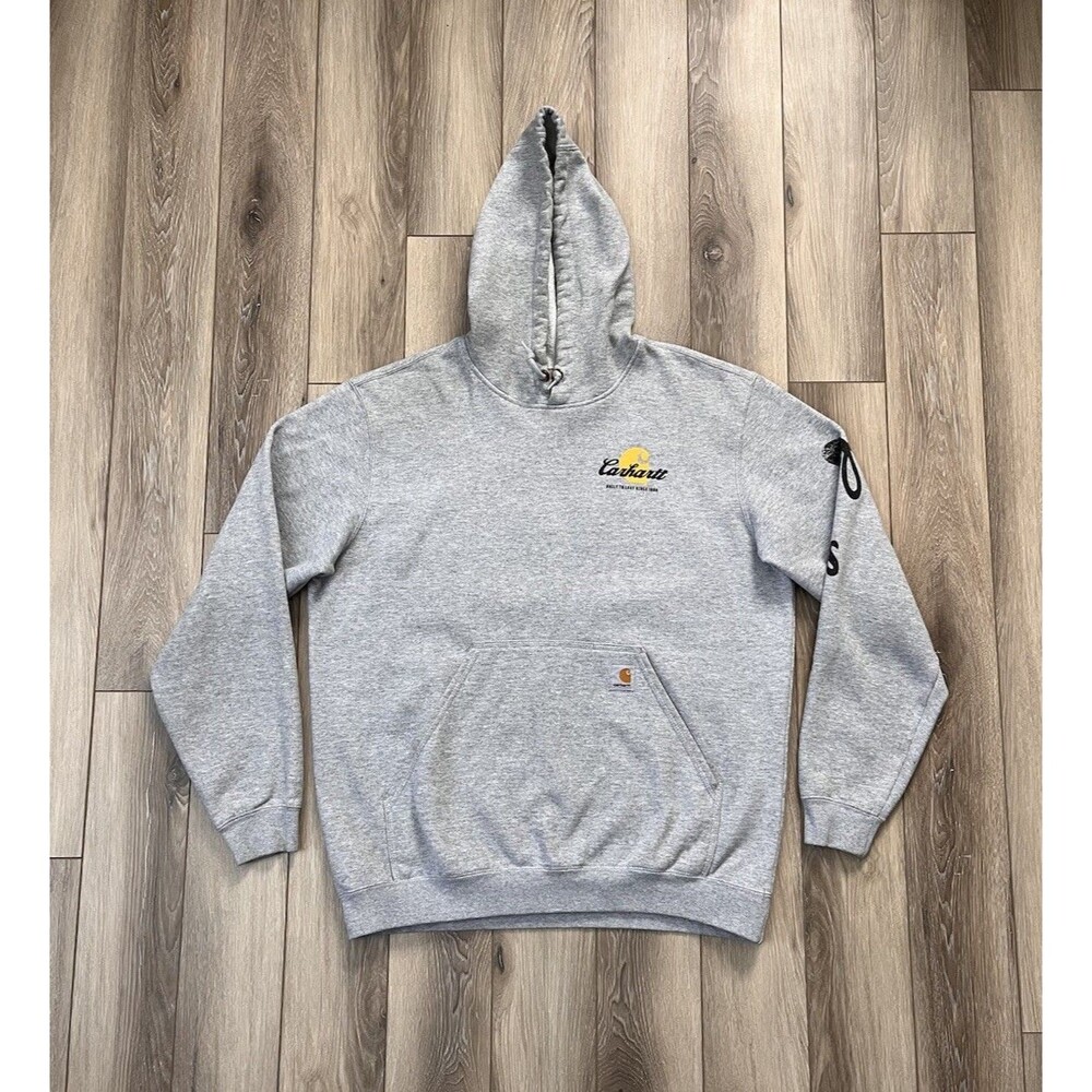 Carhartt Hoodie Mens Sz L Gray Pullover Fleece Sweatshirt Sleeve Logo Workwear